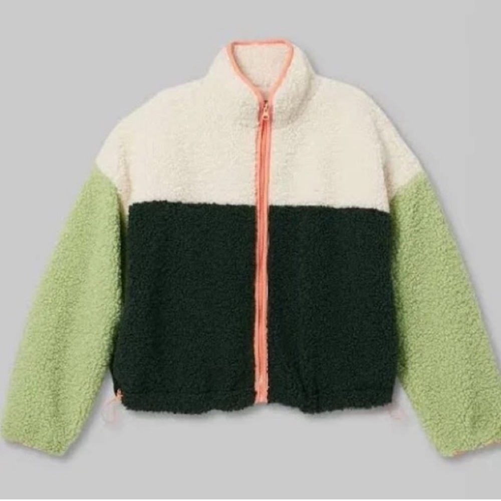 NWT Green Color Block Full Zip Sherpa Jacket Size Large - Wild Fable